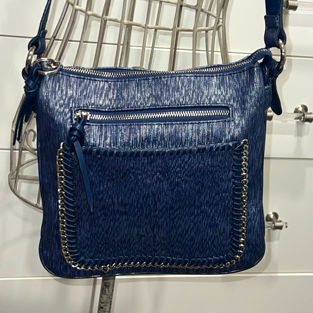 Sondra Roberts Squared Metallic Blue Crossbody Bag with Chain Accents